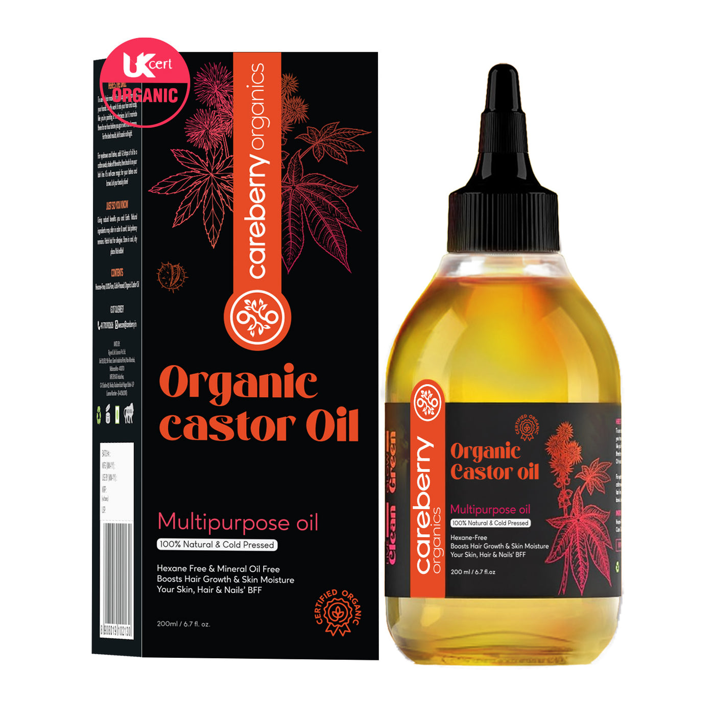 Careberry Organic Castor Oil bottle and box, 200 ml
