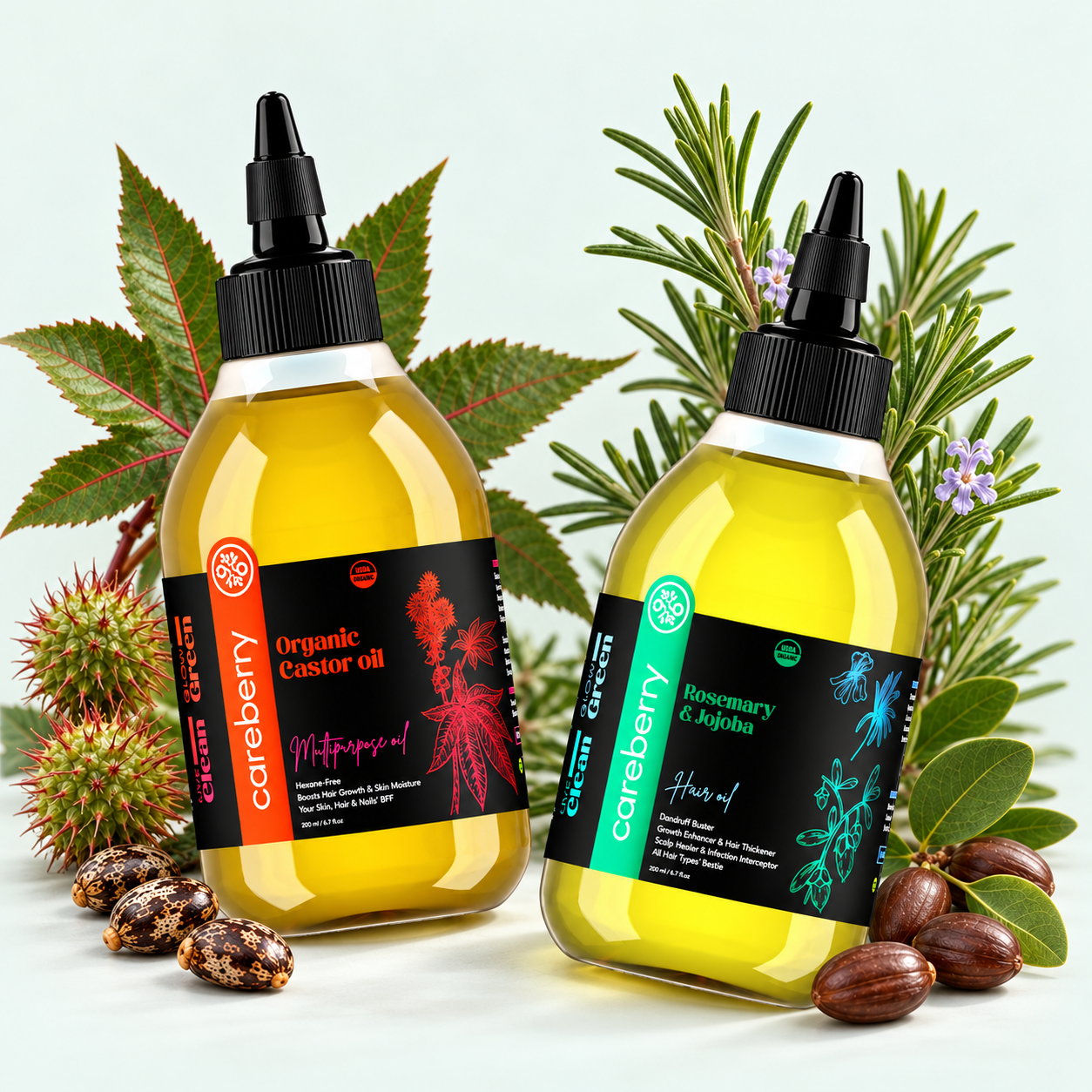 Careberry oil duo with complete applicator caps, rosemary, jojoba and castor botanicals