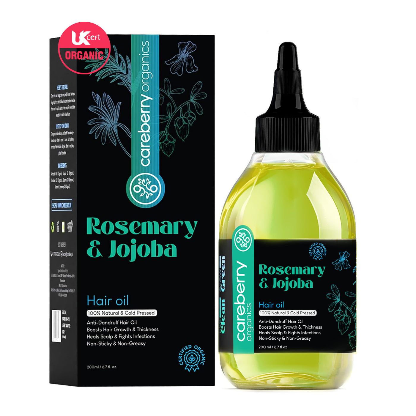 Careberry Rosemary & Jojoba Hair Oil bottle and box, 200 ml