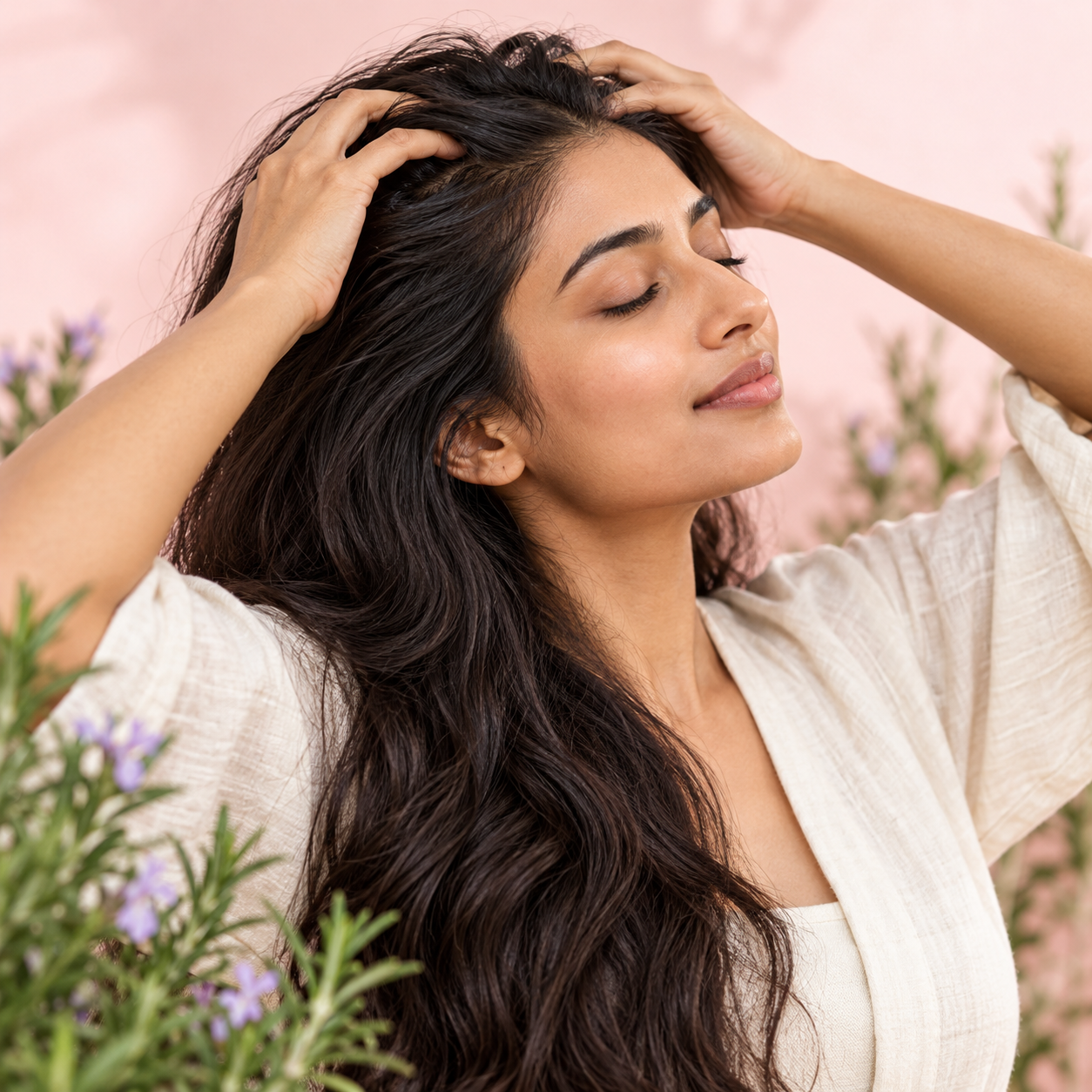 Illustrative portrait of a woman gently massaging her scalp, surrounded by rosemary